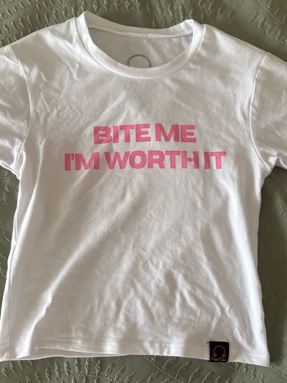 White Graphic Tee with Pink 'BITE ME I'M WORTH IT' Slogan